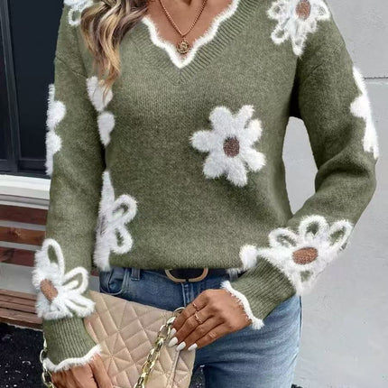 Knitted Floral V-neck Sweater