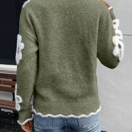 Knitted Floral V-neck Sweater