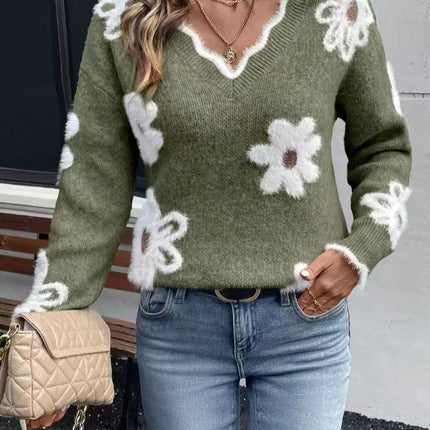 Knitted Floral V-neck Sweater