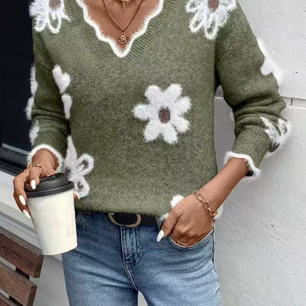 Knitted Floral V-neck Sweater