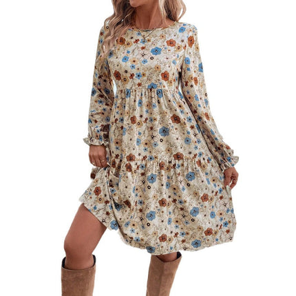 French-style Elegant Printed Lantern Sleeve Dress
