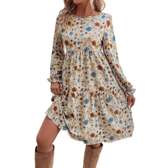 French-style Elegant Printed Lantern Sleeve Dress