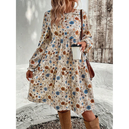 French-style Elegant Printed Lantern Sleeve Dress