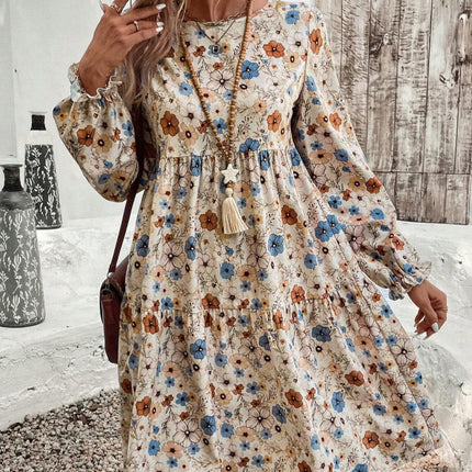 French-style Elegant Printed Lantern Sleeve Dress