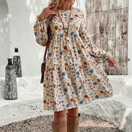 French-style Elegant Printed Lantern Sleeve Dress