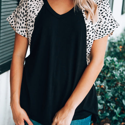 Leopard Sleeves Color Block V Neck T-shirt