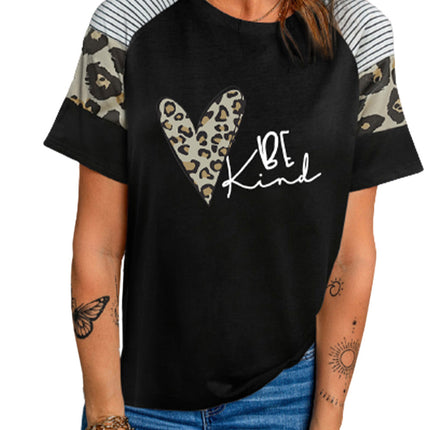 Striped Leopard Print Short Sleeve Women T-shirt
