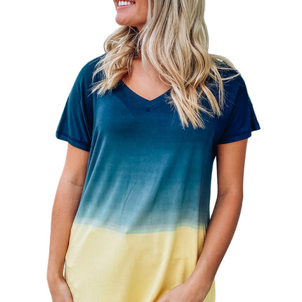 Gradient Color Block V Neck T Shirt