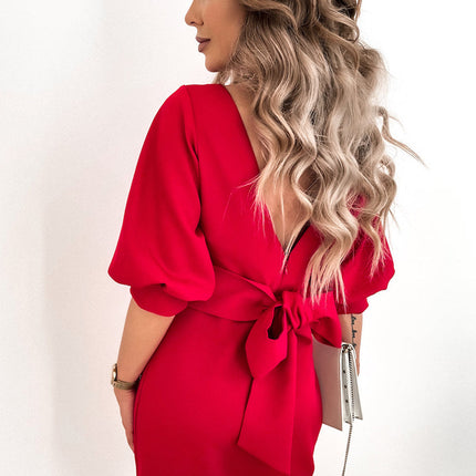 Bow Backless 3/4 Sleeve High Waist Mini Dress