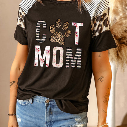 Striped Leopard Print Short Sleeve Women T-shirt