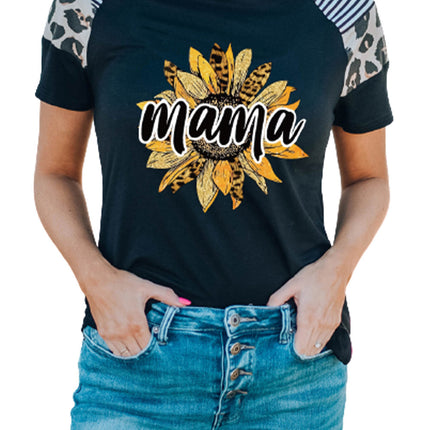 Striped Leopard Print Short Sleeve Women T-shirt