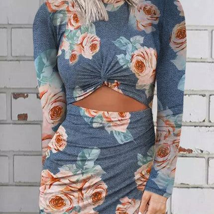 Khaki Long Sleeve Cut-out Twist Ruched Bodycon Mini Dress