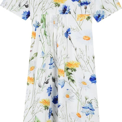 Yellow and Blue Floral Short Sleeve White Pleated Midi Dress