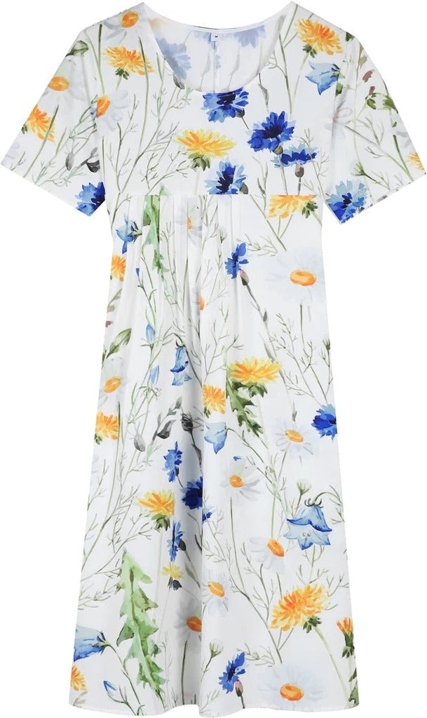 Yellow and Blue Floral Short Sleeve White Pleated Midi Dress