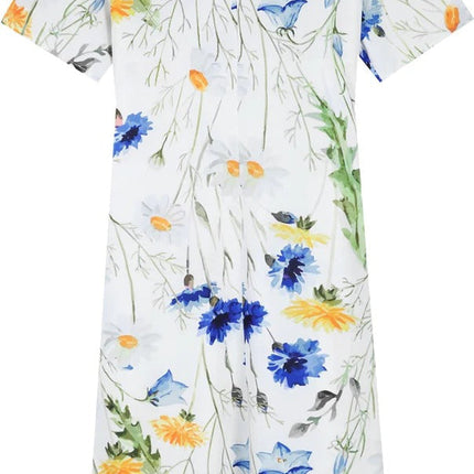 Yellow and Blue Floral Short Sleeve White Pleated Midi Dress