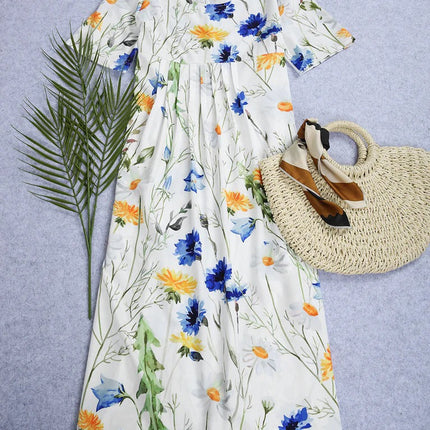 Yellow and Blue Floral Short Sleeve White Pleated Midi Dress