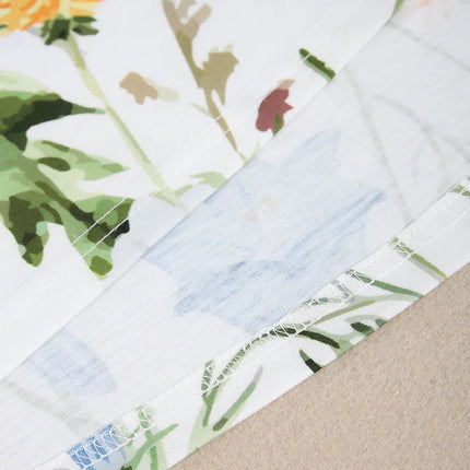 Yellow and Blue Floral Short Sleeve White Pleated Midi Dress