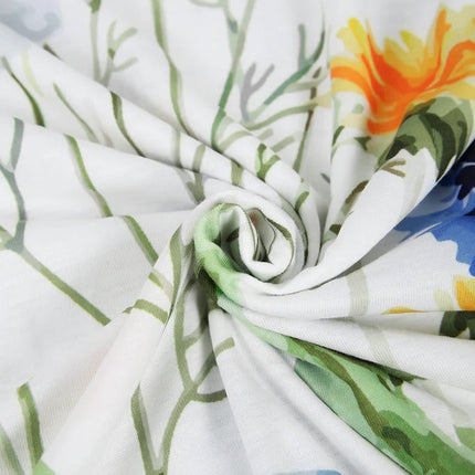 Yellow and Blue Floral Short Sleeve White Pleated Midi Dress