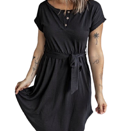 Buttons Crewneck Lace-up High Waist Mini Dress