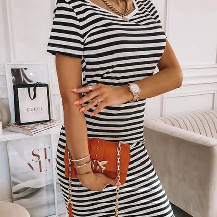 Striped Short Sleeve Midi T Shirt Dress