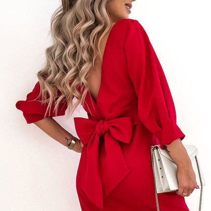 Bow Backless 3/4 Sleeve High Waist Mini Dress