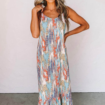 Western Pattern Print Spaghetti Strap Shift Maxi Dress