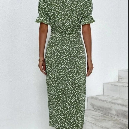 Fresh Short Sleeve Green Midi Dress