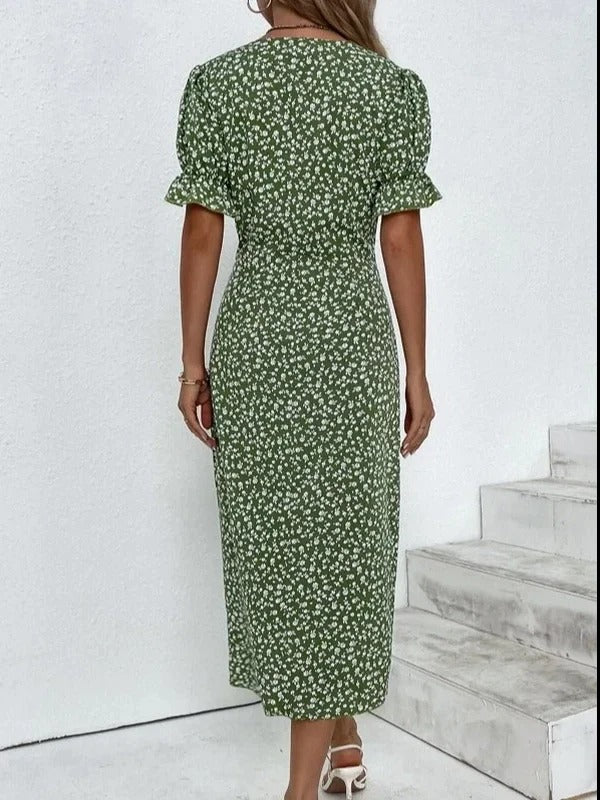 Fresh Short Sleeve Green Midi Dress