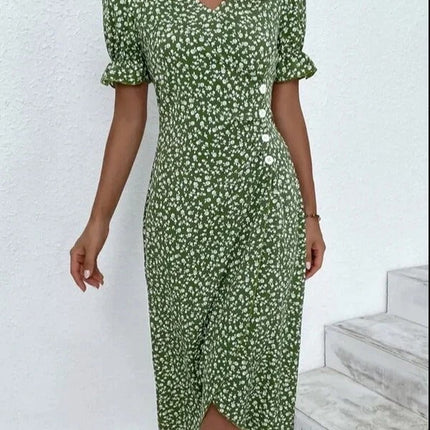 Fresh Short Sleeve Green Midi Dress