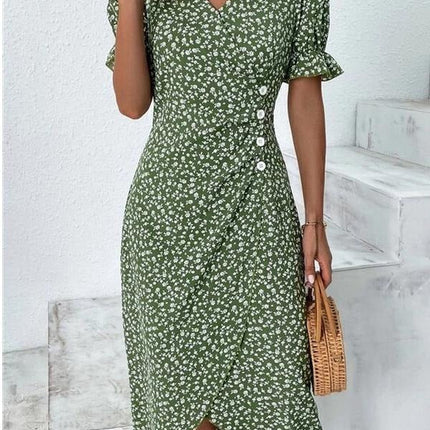 Fresh Short Sleeve Green Midi Dress