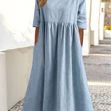 Relaxed Chambray Side Pocket Midi Dress