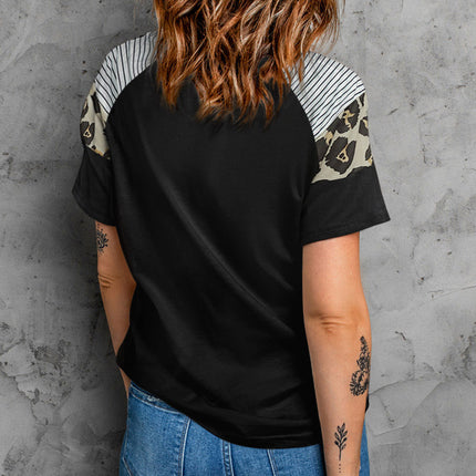 Striped Leopard Print Short Sleeve Women T-shirt