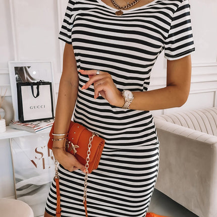 Striped Short Sleeve Midi T Shirt Dress