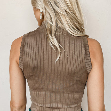 Khaki Ribbed Knit High Neck Tank