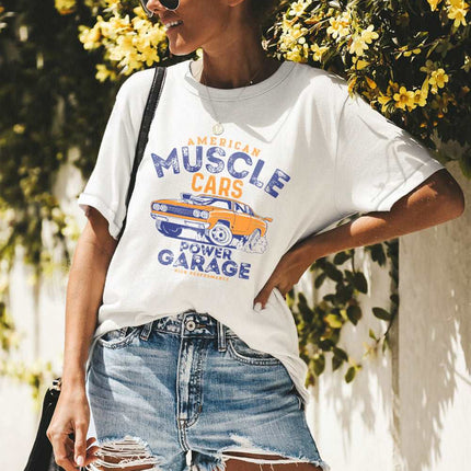 Casual Letter and Car Print Graphic Tee