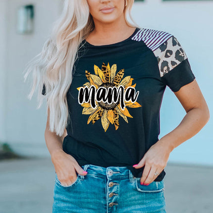 Striped Leopard Print Short Sleeve Women T-shirt