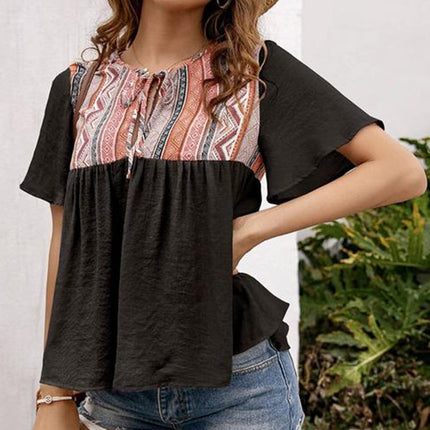 Western Serape Patchwork Flounce Short Sleeve Top