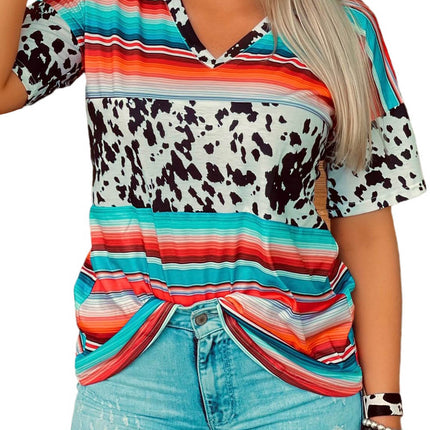 Western Serape Cow Color Block V Neck Top
