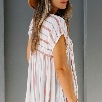 Striped Print Loose V Neck Short Sleeve Top