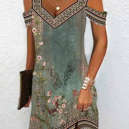 Fancy Trim Watercolor Floral Cold Shoulder Mini Dress