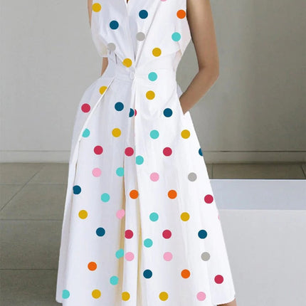 White Colorful Polka Dot Retro Sleeveless Midi Dress
