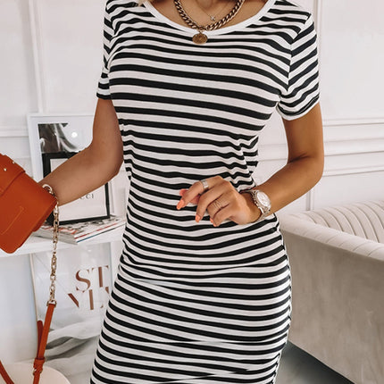 Striped Short Sleeve Midi T Shirt Dress