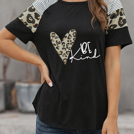 Striped Leopard Print Short Sleeve Women T-shirt
