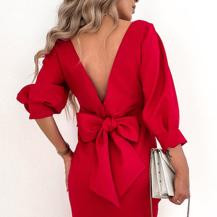 Bow Backless 3/4 Sleeve High Waist Mini Dress