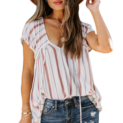 Striped Print Loose V Neck Short Sleeve Top