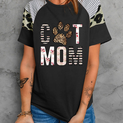 Striped Leopard Print Short Sleeve Women T-shirt
