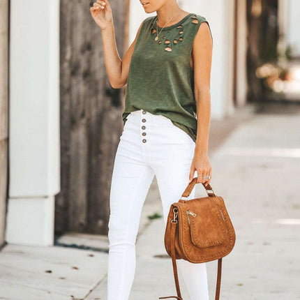 Broken Hole Detail Sleeveless Crew Neck Tank Top