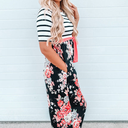 Floral Striped Color Block Lace-up High Waist Maxi Dress