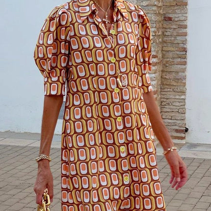 Retro Geometric Print Puffy Sleeve Mini Dress