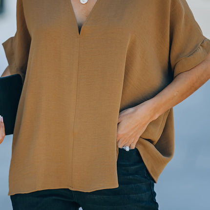 Solid Loose V Neck Short Sleeve Blouse